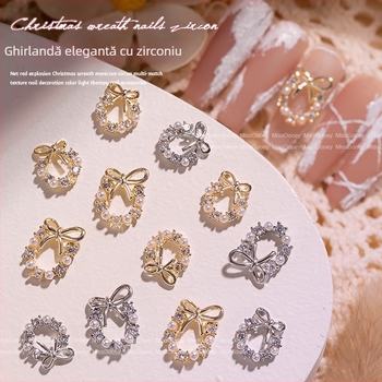 Decorațiuni pentru unghii: coroană de Crăciun luxoasă pentru unghii, zirconiu, perlă, cristale 3D și funda (Materiale: metal, plastic; Model: lanț; Greutate netă: 0.05 kg; Brand: miss gooey)