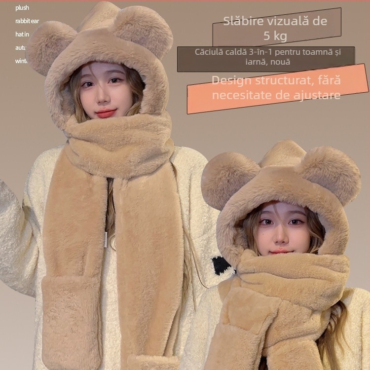 Set de trei piese: pălărie cu urechi de urs, fular și mănuși; Material: fibre de poliester; Componente: fular, pălărie și mănuși; Model: monocrom; Procesare: tie-dye; Origine: orașul Yiwu