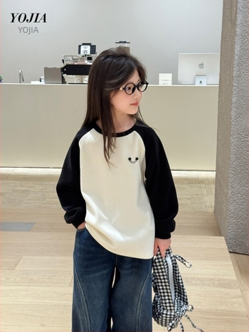 Tricou pentru copii cu mâneci lungi, stil coreean, material din in cu poliester 94,5%, pentru copii peste 8 ani, Primăvara 2025