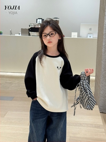 Tricou pentru copii cu mâneci lungi, stil coreean, material din in cu poliester 94,5%, pentru copii peste 8 ani, Primăvara 2025