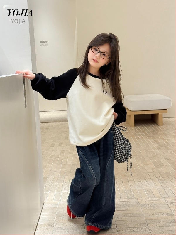 Tricou pentru copii cu mâneci lungi, stil coreean, material din in cu poliester 94,5%, pentru copii peste 8 ani, Primăvara 2025