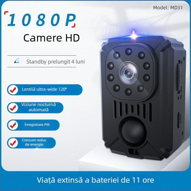 MD31 Cameră infraroșu pentru supraveghere cu PIR, Viziune nocturnă HD, Alimentare 5V, Interval de temperatură 0–40°C, Distanță IR 3–5 m