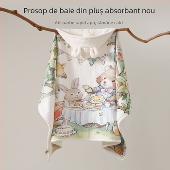 Prosop de baie cu glugă pentru bebeluți – bumbac, velur absorbent, model cartoon, greutate 500 g sau mai mult, brand Yipin
