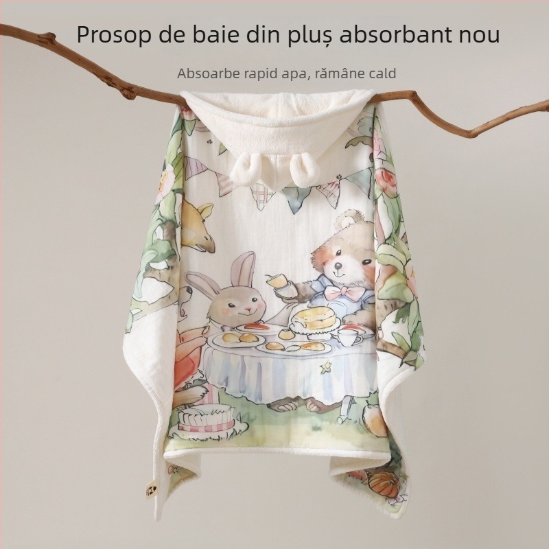 Prosop de baie cu glugă pentru bebeluți – bumbac, velur absorbent, model cartoon, greutate 500 g sau mai mult, brand Yipin