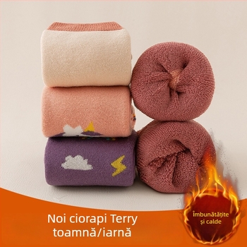 Șosete pentru copii, groase, căptușite cu fleece, lungi până la genunchi, 100% bumbac, model jacquard cu personaje animate, ambalaj 4 perechi