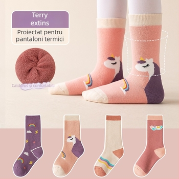 Șosete pentru copii, groase, căptușite cu fleece, lungi până la genunchi, 100% bumbac, model jacquard cu personaje animate, ambalaj 4 perechi
