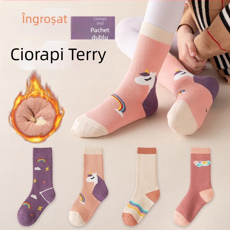 Șosete pentru copii, groase, căptușite cu fleece, lungi până la genunchi, 100% bumbac, model jacquard cu personaje animate, ambalaj 4 perechi