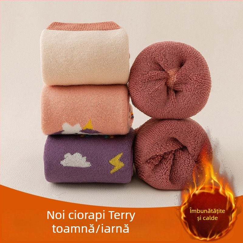 Șosete pentru copii, groase, căptușite cu fleece, lungi până la genunchi, 100% bumbac, model jacquard cu personaje animate, ambalaj 4 perechi