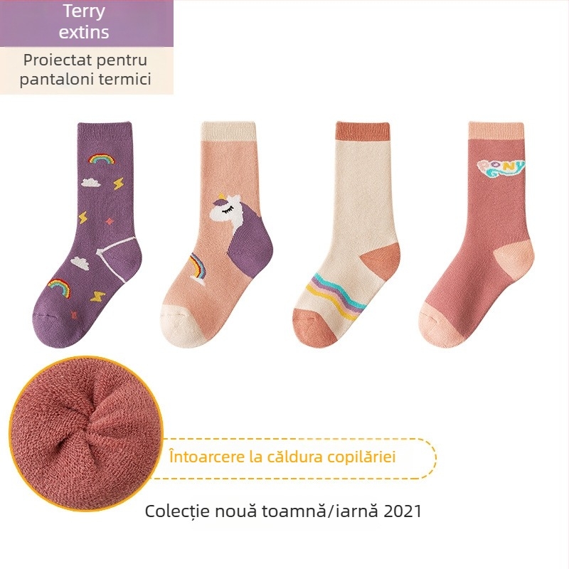 Șosete pentru copii, groase, căptușite cu fleece, lungi până la genunchi, 100% bumbac, model jacquard cu personaje animate, ambalaj 4 perechi