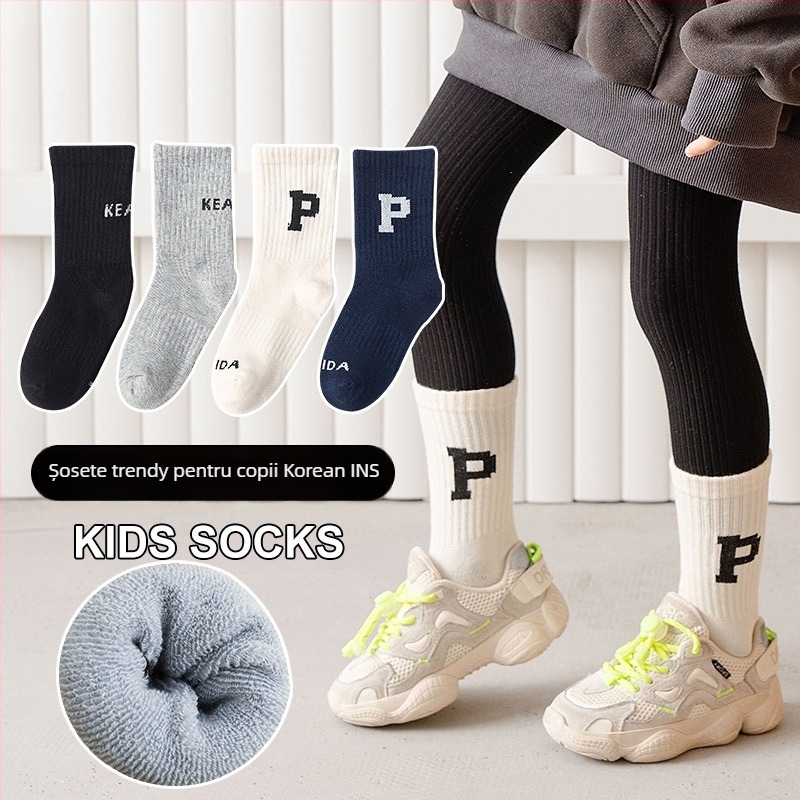 Șosete pentru copii, groase, căptușite cu fleece, lungi până la genunchi, 100% bumbac, model jacquard cu personaje animate, ambalaj 4 perechi