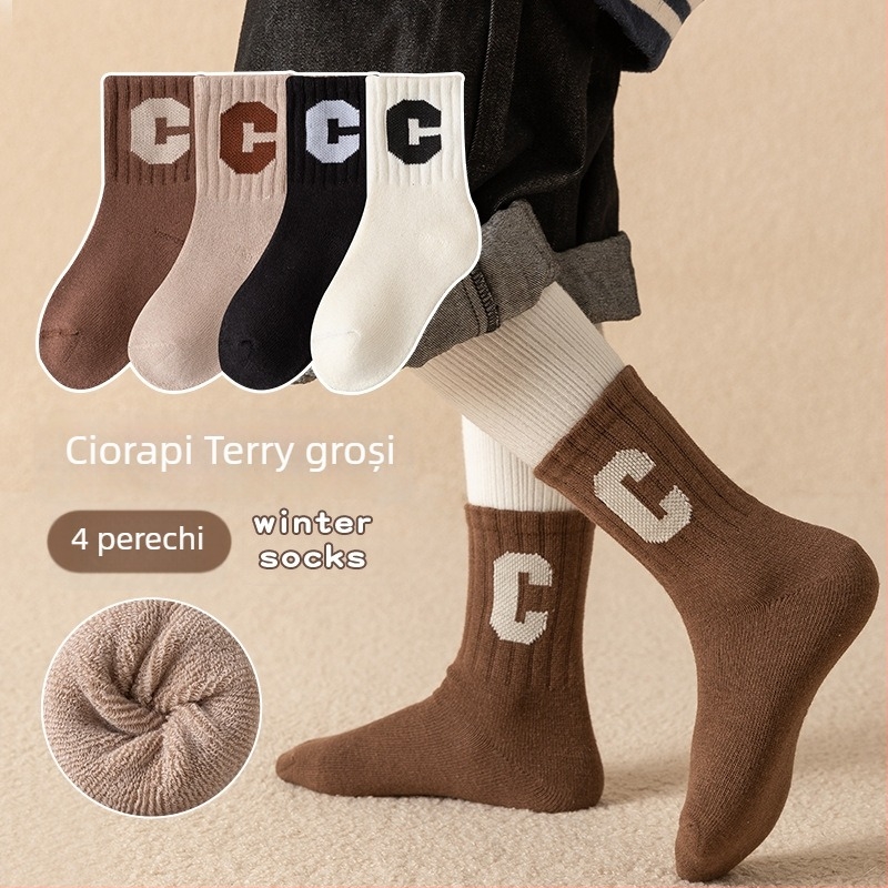 Șosete pentru copii, groase, căptușite cu fleece, lungi până la genunchi, 100% bumbac, model jacquard cu personaje animate, ambalaj 4 perechi