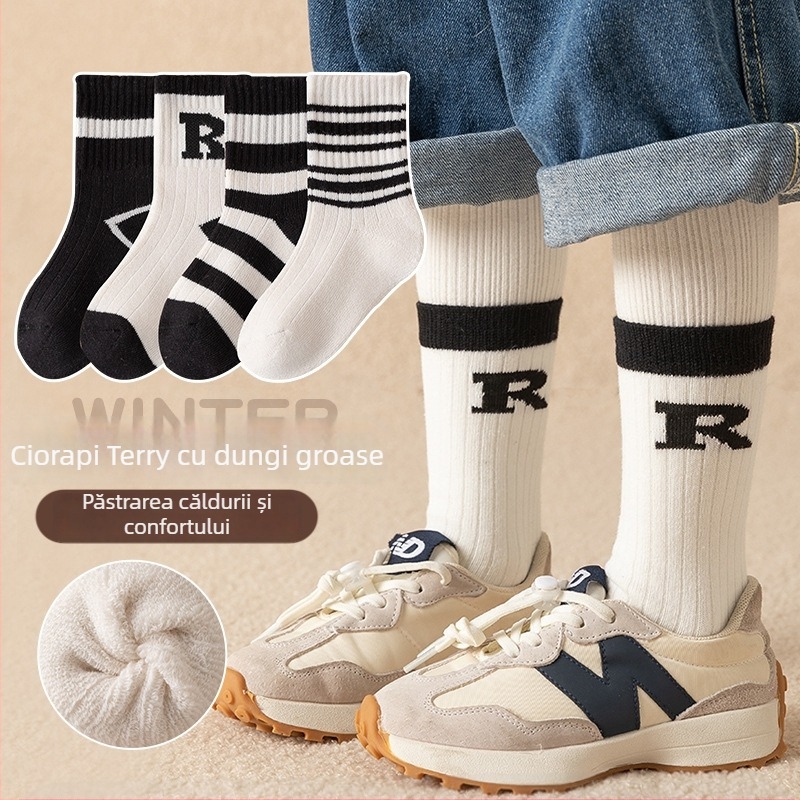 Șosete pentru copii, groase, căptușite cu fleece, lungi până la genunchi, 100% bumbac, model jacquard cu personaje animate, ambalaj 4 perechi