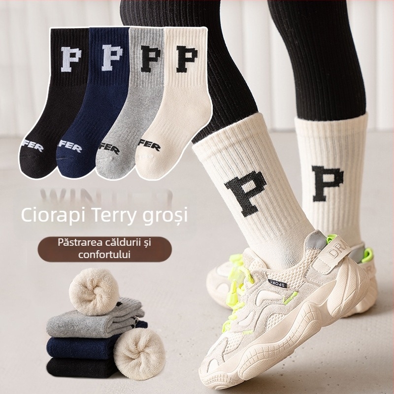 Șosete pentru copii, groase, căptușite cu fleece, lungi până la genunchi, 100% bumbac, model jacquard cu personaje animate, ambalaj 4 perechi