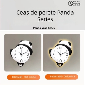 Ceas de perete Panda desen animat - Alimentat cu baterii, cadran unic, material cadran: placă de densitate + acrilic, imprimare logo disponibil