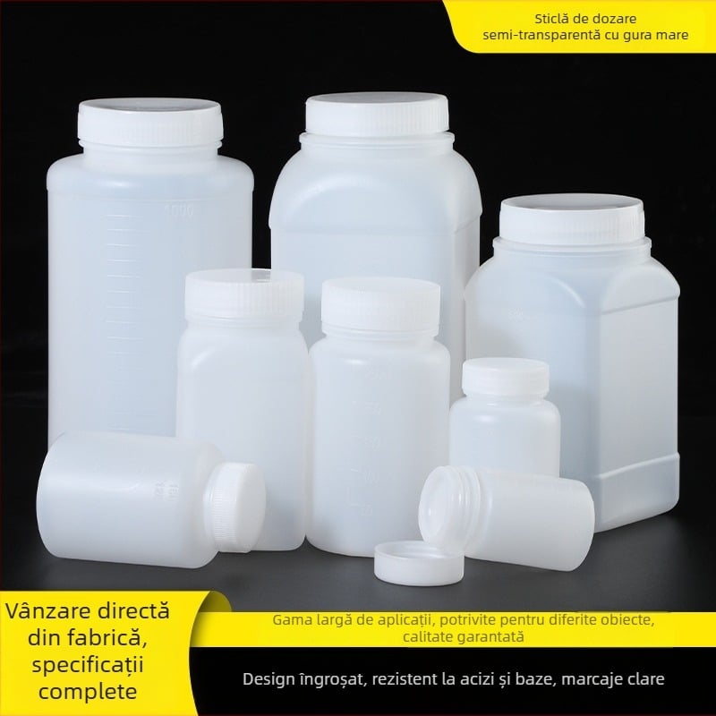 Sticlă din plastic PE cu gură largă, capac intern și capac exterior, pentru ambalare de mostre