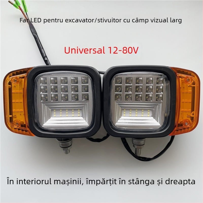 Lumină frontală LED combinată pentru excavator, stivator și vehicul de lucru, universală 12V-80V, câmp vizual larg, far direcțional