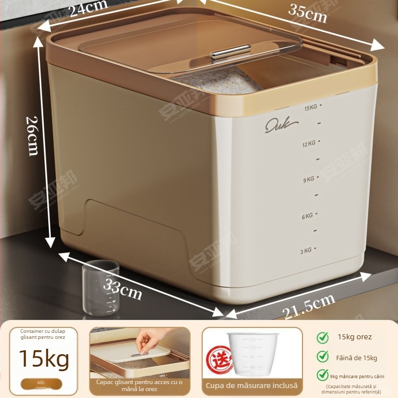 Recipient depozitare orez — rezistent la umezeală, insecte, din polipropilenă (PP), capacitate 10 L, design simplu și modern