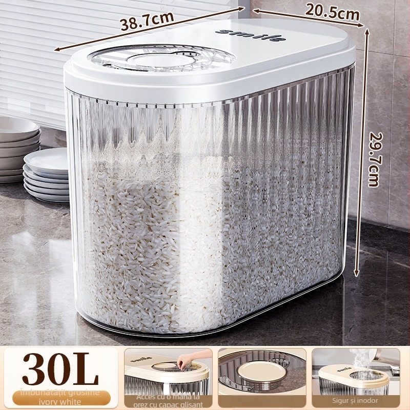 Recipient pentru orez cu capac glisant, 30 L, plastic PP alimentar, etanș, protecție împotriva umezelii și insectelor