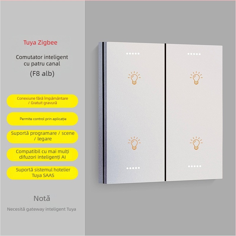 Comutator Zigbee inteligent cu atingere D8 – Patru canale, asistent vocal XiaoDu, control prin aplicație, 220V AC