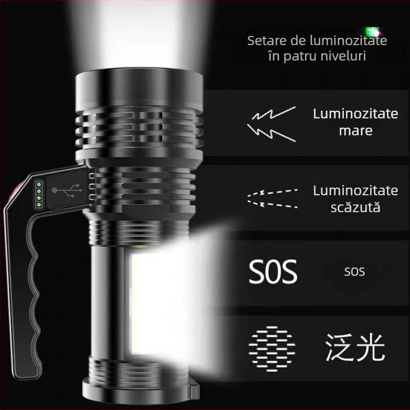 Proiector de mână cu LED COB și bec | 1800mAh, 10W, reîncărcabil, rază de acțiune 200–500 m