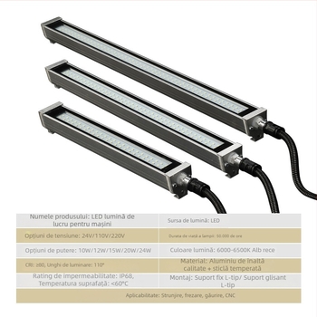 Lampă LED de lucru reglabilă pentru mașini CNC, montaj cu șuruburi, explosion-proof, tensiune 12–220 V, putere 10–30 W, impermeabilă.