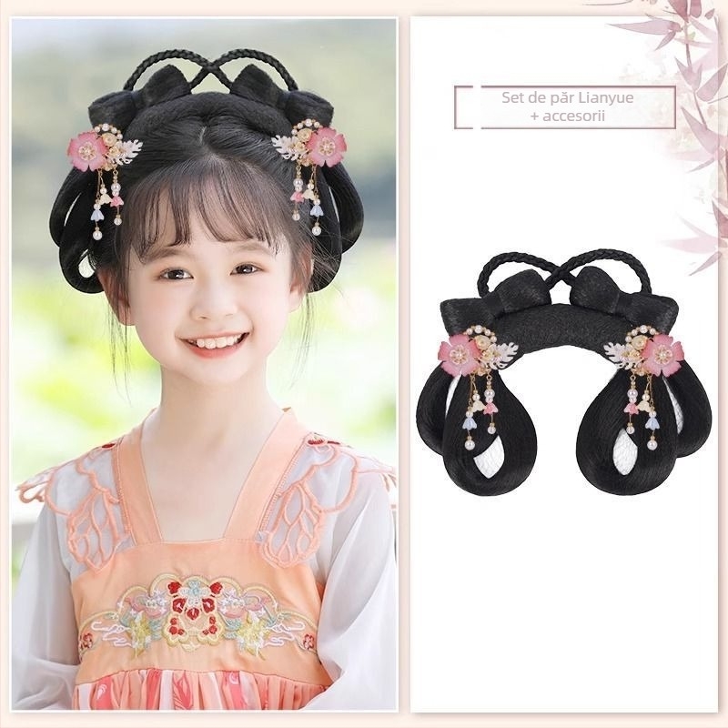 Perucă pentru copii și accesoriu pentru cap în stil Han – păr scurt din mătase autohtonă, model Liên Yue