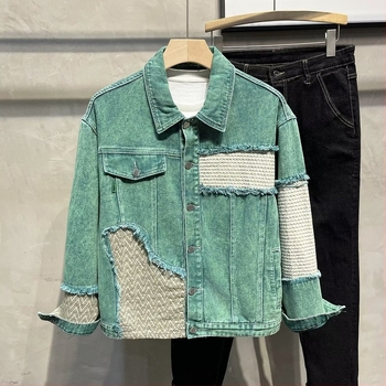 Jachetă pentru bărbați în stil K, cu rever, închidere cu nasturi pe un rând, material gros din bumbac.