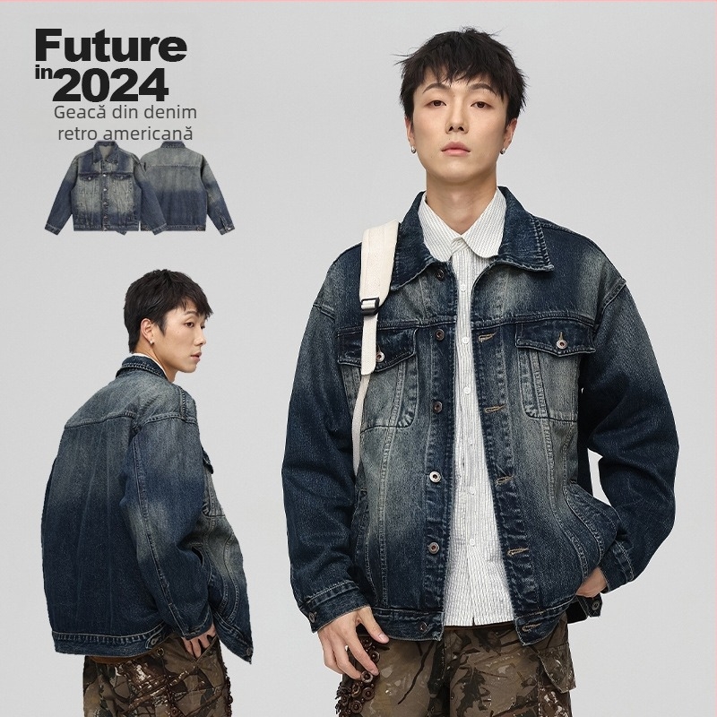 Wangyoulin geacă din denim cu detaliu distressed, buzunare cu clapete symetrice, închidere cu cataramă dublă, croială lejeră, stil retro normcore