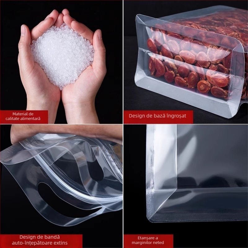 Sac transparent cu sigiliu pe opt laturi, stand-up, finisaj mat și fermoar (material: PET+PE; ambalaj alimentar; lungime sigiliu 5–20 cm; licență Guangdong XK-16-204-11317)
