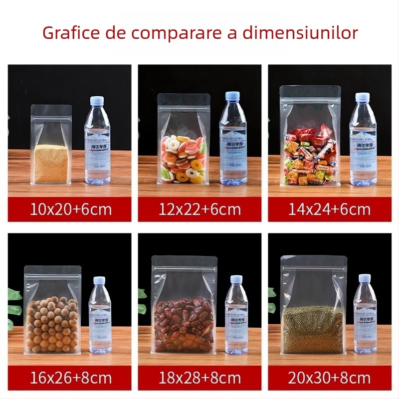 Sac transparent cu sigiliu pe opt laturi, stand-up, finisaj mat și fermoar (material: PET+PE; ambalaj alimentar; lungime sigiliu 5–20 cm; licență Guangdong XK-16-204-11317)