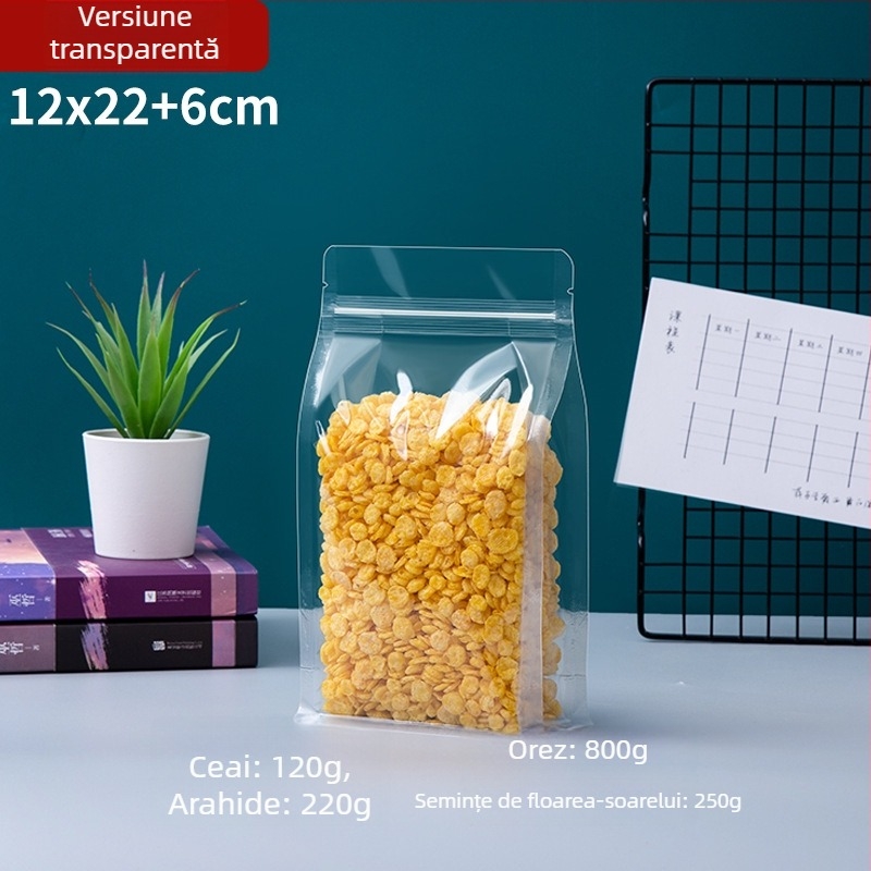 Sac transparent cu sigiliu pe opt laturi, stand-up, finisaj mat și fermoar (material: PET+PE; ambalaj alimentar; lungime sigiliu 5–20 cm; licență Guangdong XK-16-204-11317)