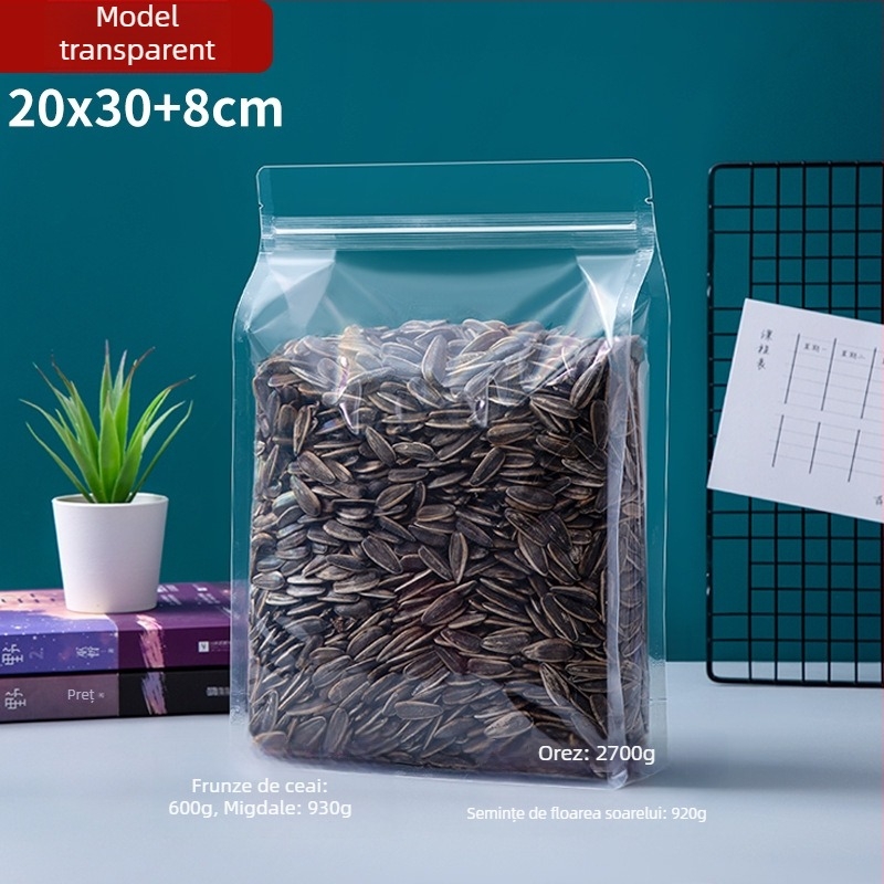 Sac transparent cu sigiliu pe opt laturi, stand-up, finisaj mat și fermoar (material: PET+PE; ambalaj alimentar; lungime sigiliu 5–20 cm; licență Guangdong XK-16-204-11317)