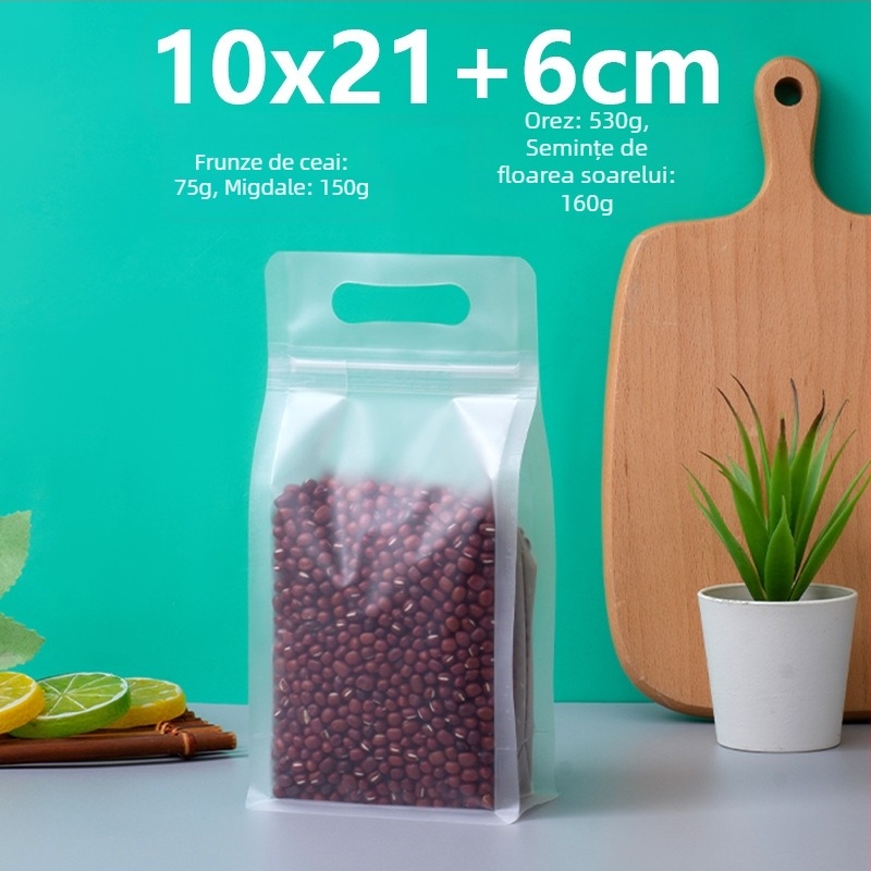 Sac transparent cu sigiliu pe opt laturi, stand-up, finisaj mat și fermoar (material: PET+PE; ambalaj alimentar; lungime sigiliu 5–20 cm; licență Guangdong XK-16-204-11317)