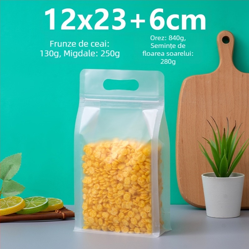 Sac transparent cu sigiliu pe opt laturi, stand-up, finisaj mat și fermoar (material: PET+PE; ambalaj alimentar; lungime sigiliu 5–20 cm; licență Guangdong XK-16-204-11317)
