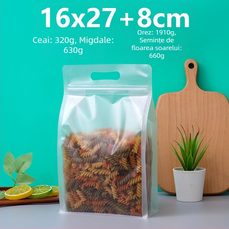 Sac transparent cu sigiliu pe opt laturi, stand-up, finisaj mat și fermoar (material: PET+PE; ambalaj alimentar; lungime sigiliu 5–20 cm; licență Guangdong XK-16-204-11317)