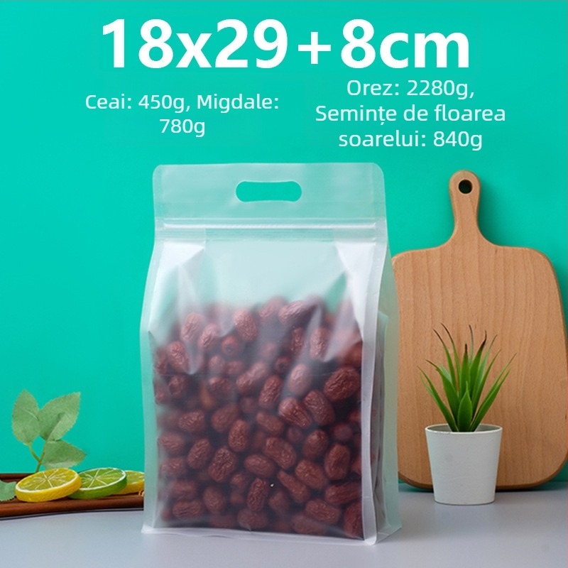 Sac transparent cu sigiliu pe opt laturi, stand-up, finisaj mat și fermoar (material: PET+PE; ambalaj alimentar; lungime sigiliu 5–20 cm; licență Guangdong XK-16-204-11317)
