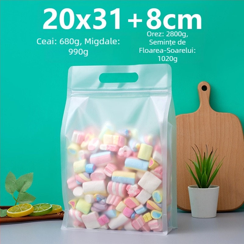 Sac transparent cu sigiliu pe opt laturi, stand-up, finisaj mat și fermoar (material: PET+PE; ambalaj alimentar; lungime sigiliu 5–20 cm; licență Guangdong XK-16-204-11317)