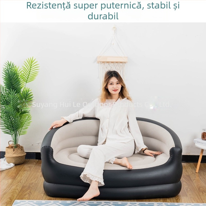 Canapea gonflabilă din PVC cu suprafață catifelată pentru 2 persoane, pentru interior/exterior, pliabilă, inflație cu pompă de aer, model Srsf