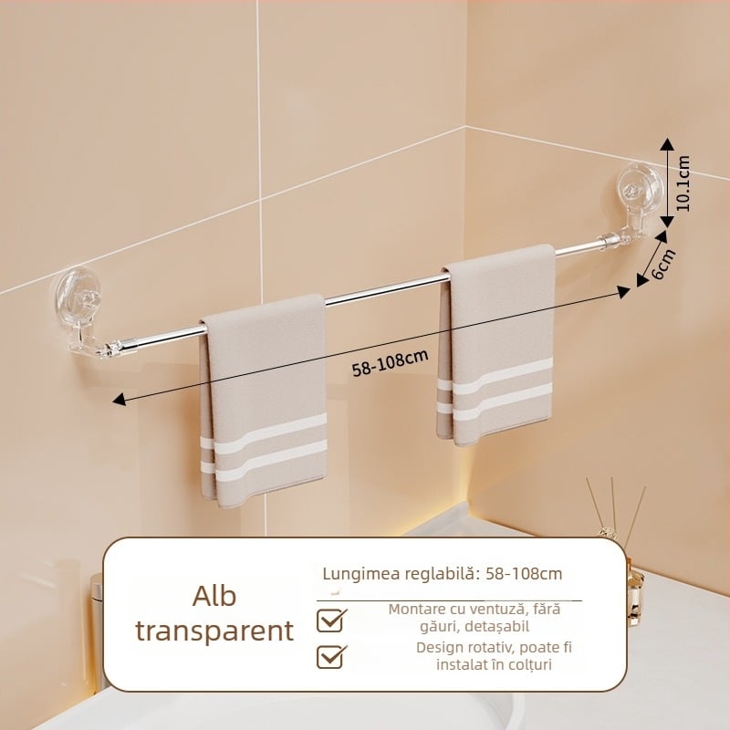 Suport de prosoape fără găuri din oțel inoxidabil, extensibil, cu ventuză și montaj pe perete pentru baie