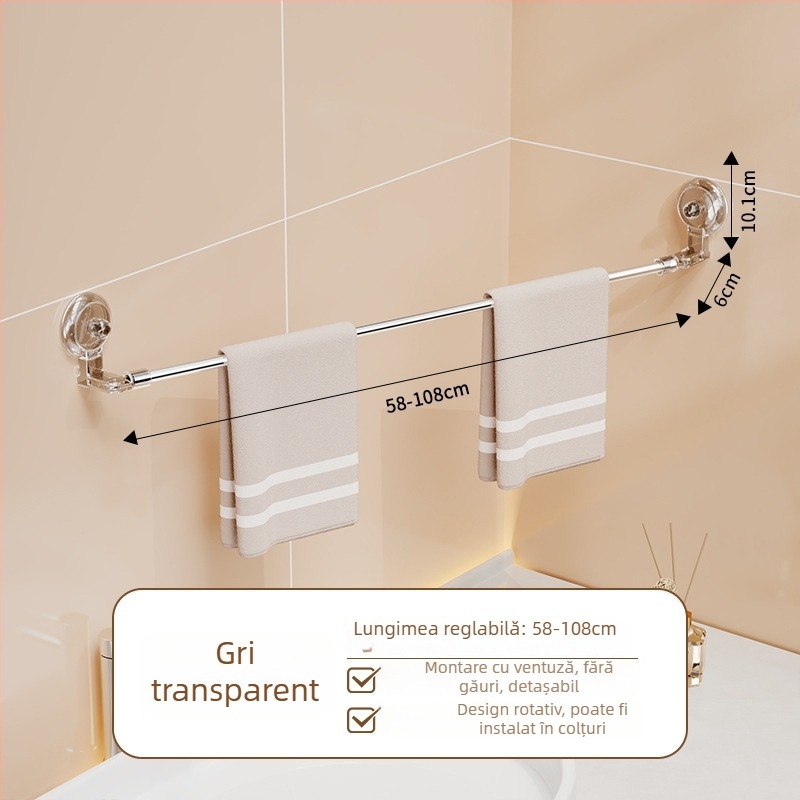 Suport de prosoape fără găuri din oțel inoxidabil, extensibil, cu ventuză și montaj pe perete pentru baie