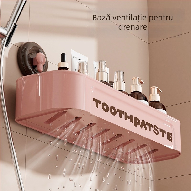 Raft de baie cu ventuză, montat pe perete, ABS, 1 etaj, încărcare 1–5 kg, finisaj spray din plastic, stil modern minimalist