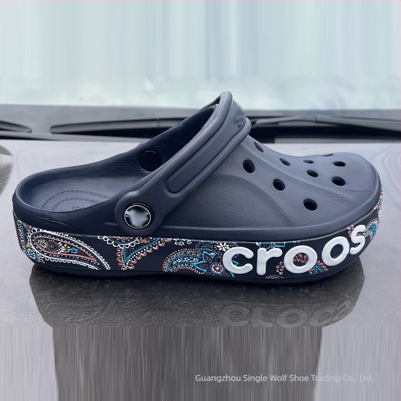 Sandale cu model pictat, partea superioară și talpa din EVA, Baotou toe, toc de 2 cm, închidere cu cataramă – stil plajă pentru toate anotimpurile