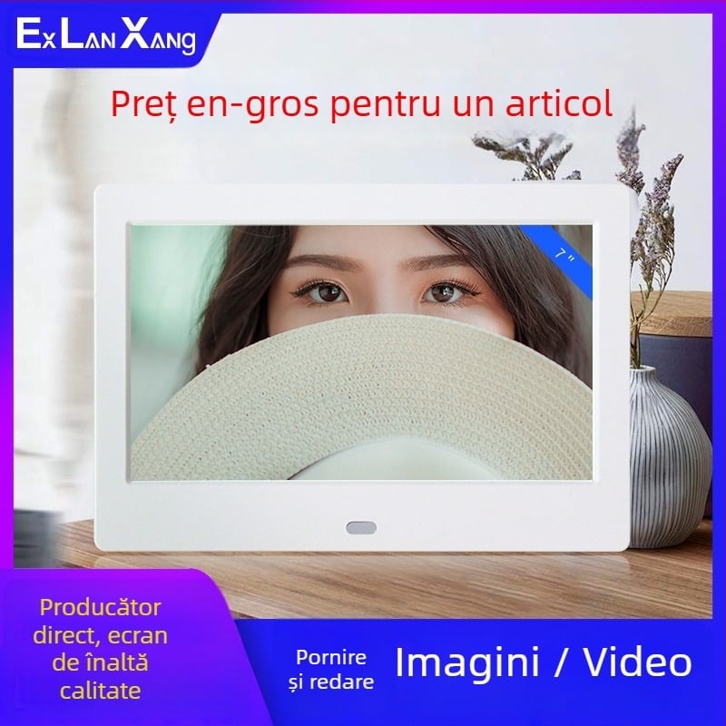 Ramă foto digitală LED de 7 inci, HD, cu redare de pe carduri; redă fotografii și videoclipuri; rezoluție 800×480; suport SD/USB/MMC; raport de aspect 16:9; model DPF-706