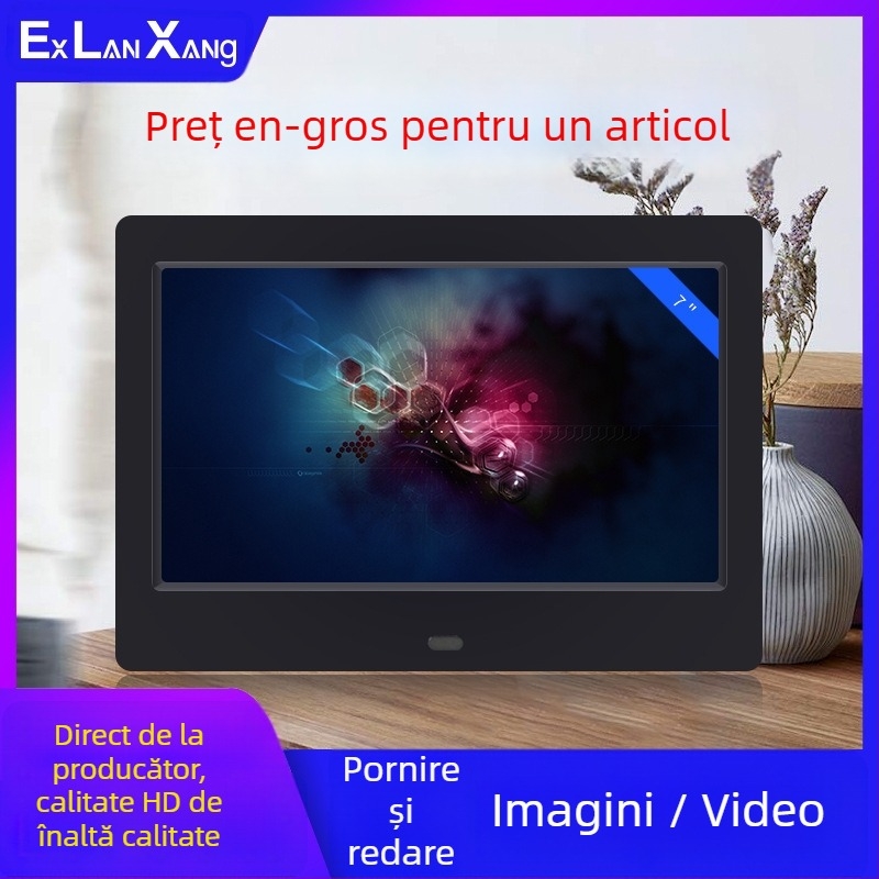 Ramă foto digitală LED de 7 inci, HD, cu redare de pe carduri; redă fotografii și videoclipuri; rezoluție 800×480; suport SD/USB/MMC; raport de aspect 16:9; model DPF-706