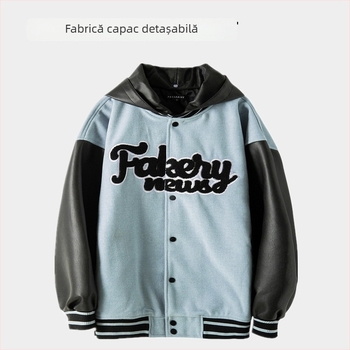 Jachetă baseball cu mâneci din piele PU, căptușită cu quilt, guler înalt, detalii jacquard, model cu embleme
