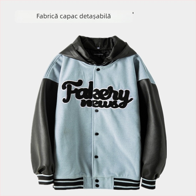 Jachetă baseball cu mâneci din piele PU, căptușită cu quilt, guler înalt, detalii jacquard, model cu embleme