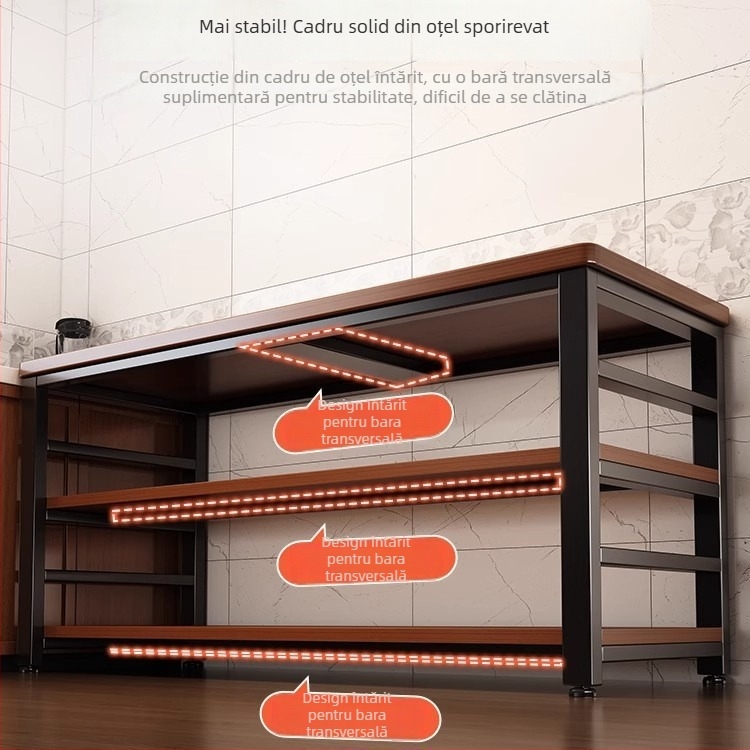 Raft de depozitare pentru cuptor cu microunde din bucătărie, lemn, multi-etajat, podea, design dreptunghiular, pentru colț, multifuncțional