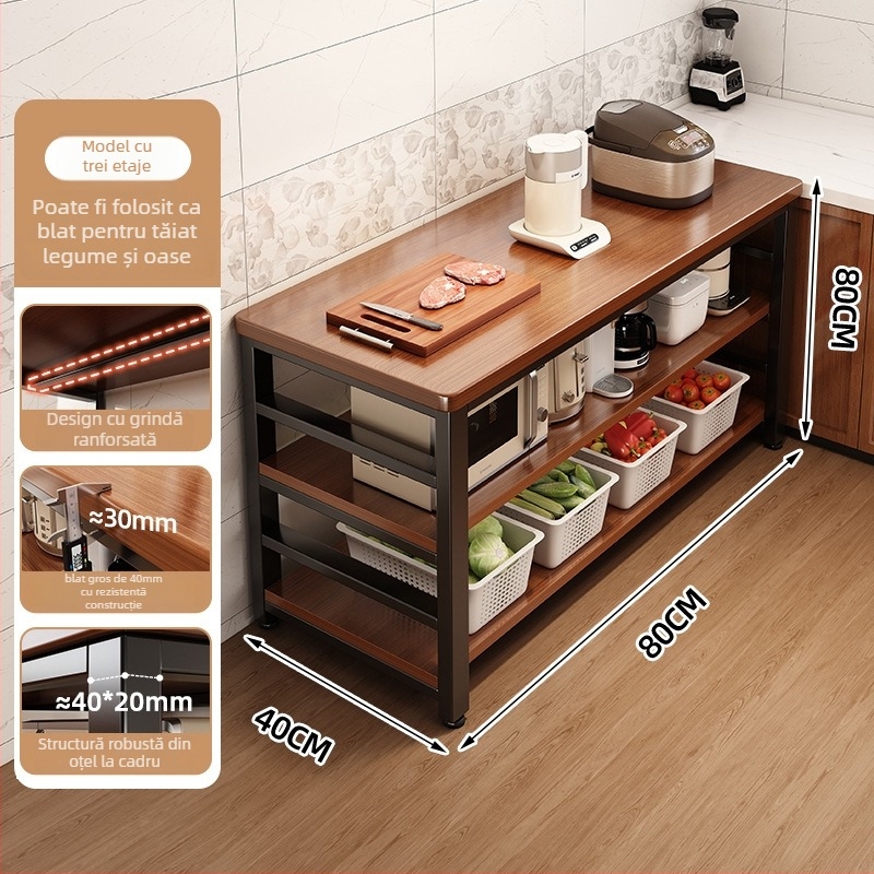 Raft de depozitare pentru cuptor cu microunde din bucătărie, lemn, multi-etajat, podea, design dreptunghiular, pentru colț, multifuncțional