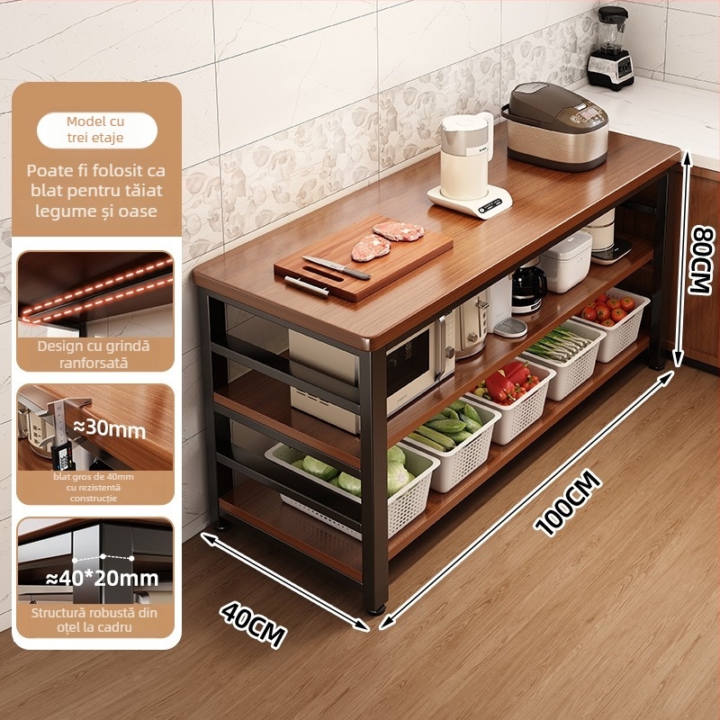 Raft de depozitare pentru cuptor cu microunde din bucătărie, lemn, multi-etajat, podea, design dreptunghiular, pentru colț, multifuncțional