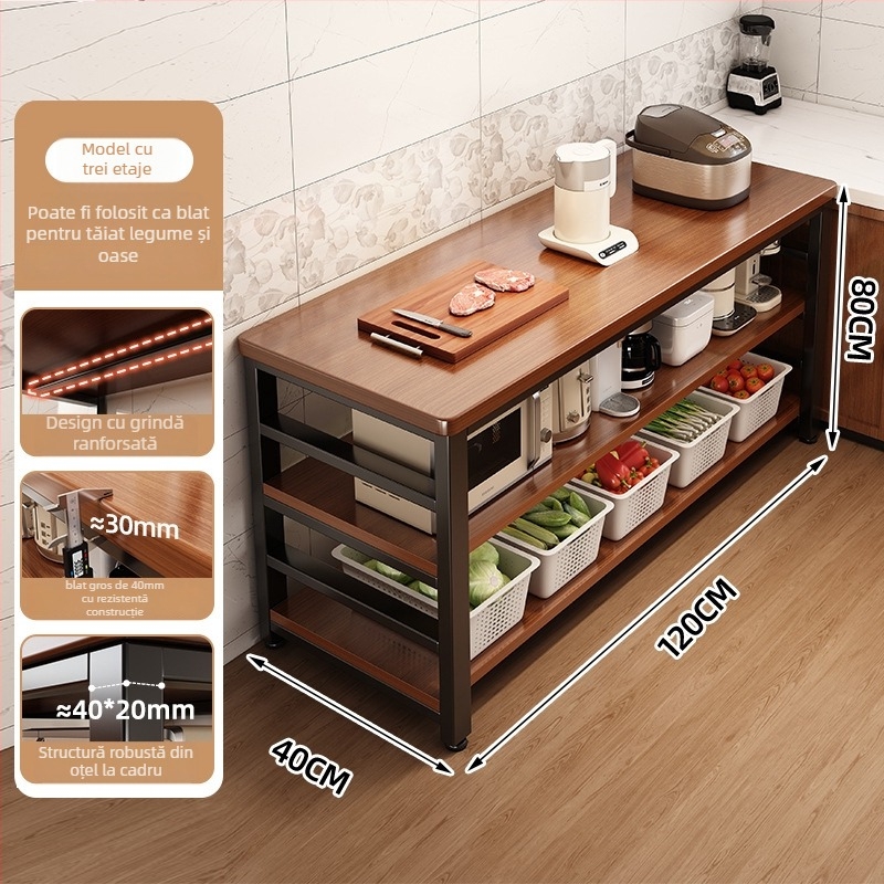 Raft de depozitare pentru cuptor cu microunde din bucătărie, lemn, multi-etajat, podea, design dreptunghiular, pentru colț, multifuncțional